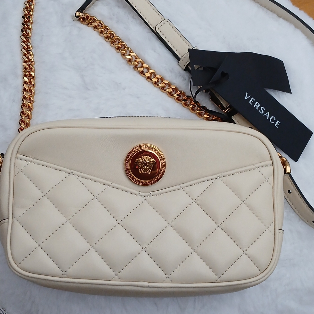 Versace La Medusa Quilted Lambskin Camera Crossbody Bag Black Gold NWT